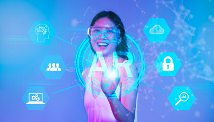 Asian Woman with VR virtual reality goggles. Future digital world technology AR augmented reality concept.