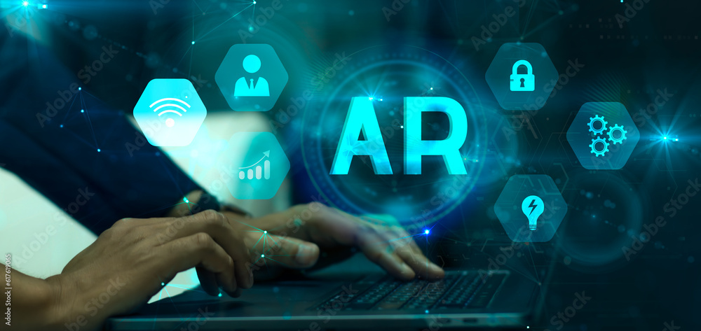 Poster ar technology for future lifestyle. business person using laptop notebook computer connecting virtua