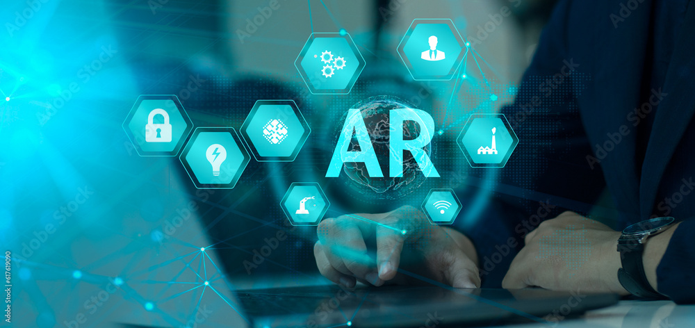 Poster ar technology futuristic blue icon. businessman using laptop computer connecting with augmented real