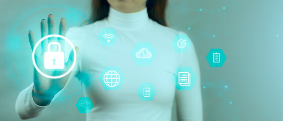 Technology concept. Woman in white long sleeve t shirt hand touching on virtual locked to acces big...