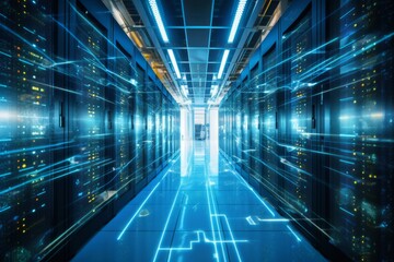 modern server room with blue lights and blue lines, super computer room, data warehouse, computer data storage, empty data server room style of digital Generative AI
