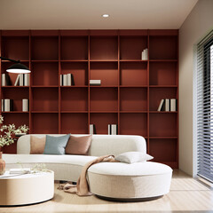 Fototapeta na wymiar 3d rendering minimal living room interior design and decoration with white sofa brown book shelf.