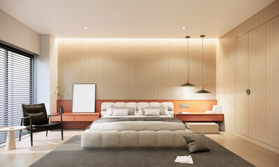 Modern design guest room hotel interior and decoration with white bedding orange headboard, wooden wall decoration, grey carpet, blind window and ceiling lighting 3d rendering bedroom