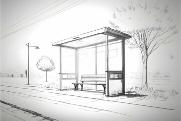 line drawing of a bus stop seen from the front sketch style enviroment minimalist 