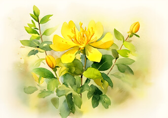 Watercolor yellow hypericum flowers with leaf isolated on white
