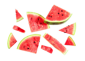 Pieces of fresh watermelon on white background