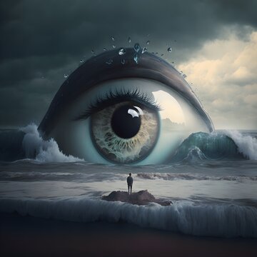 a giant eye emerging from the sea watched by a small figure of a man atmospheric 