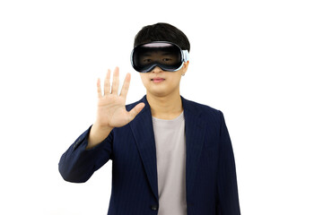 Businessman wearing AR glasses and touching virtual screen isolated on white background. Vision pro...