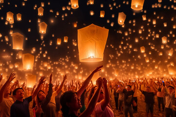 Obraz premium Asian people releasing white paper lanterns into the night sky, creating a breathtaking spectacle at the Sky Lantern Festival. Generative AI.