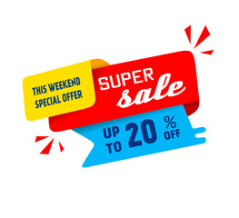 20 percent off sale banner. Super sale this weekend special offer, vector design on white background