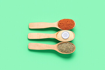 Indian flag made of spices on green background