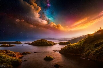 Naklejka na ściany i meble Beautiful shot of the Milky Way illuminating a dark night sky above a lake in Quebec, Canada 