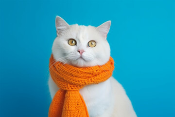 a cute cat wearing a winter scarf and hat
