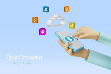 Cloud computing downloading, uploading storage service. Hand download files from social media app via cloud technology. 3D vector.