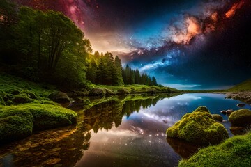 Amazing starry sky and trees reflecting in lake at night
