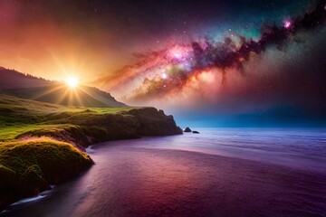 Naklejka na ściany i meble Beautiful shot of the Milky Way illuminating a dark night sky above a lake in Quebec, Canada 