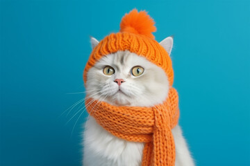 a cute cat wearing a winter scarf and hat