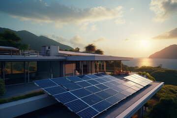Illustration of a residential unit with solar panels on the roof.  Generative AI. 