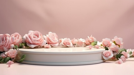 Obraz na płótnie Canvas Podium for product display and product presentation, beautiful pink roses, floral theme setting, background and banner. Generative Ai.