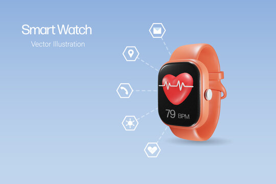 3D smart watch, wrist watch with medical heart beat for fitness tracker and multimedia apps networking, wearable technology. Vector.