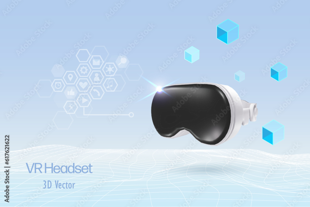 Poster 3d smart headset goggles for virtual reality multimedia apps networking, wearable technology. vector