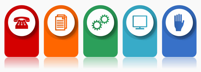 Technology icon set, miscellaneous vector icons such as phone, document, gears, tv and hand, modern design infographic template, web buttons in 5 color options