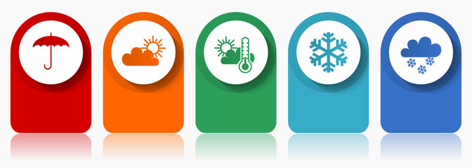 Weather forecast icon set, miscellaneous vector icons such as umbrella, clouds, sun and snowflake, modern design infographic template, web buttons in 5 color options