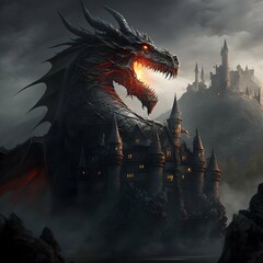Matte Painting DeathWing Dragon stands on a castle Dark souls style 