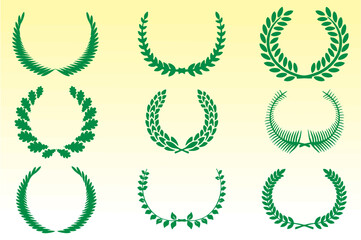 New Collection of modern silhouette of circular laurel wreaths depicting award, achievement. Editable vector, circular foliate laurels branches.Design help for award logo, winner round emblem. eps 10.