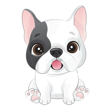 Cute French Bulldog poses watercolor illustration