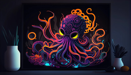 Digital artwork of octopus doodle with neon light decoration background colorfull gradients