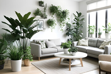 Modern interior with a lot of plants. Organic living