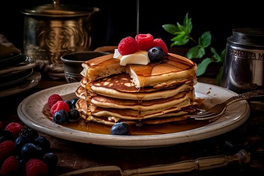 stack of pancakes with syrup in a rustic setting created with Ai technology