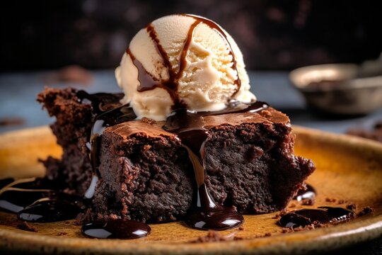 Chocolate brownie with vanilla ice cream scoop on top created with Ai technology