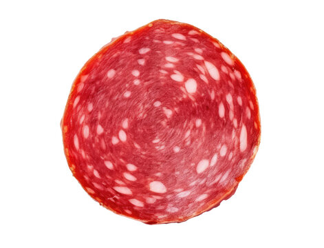 Round slice of salami isolated on transparent background, top view