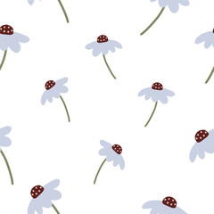 Fototapeta na wymiar Cute Simple Flowers Seamless Pattern. Abstract floral vector repeating print. Summer modern print in pastel blue, white colors. Hand drawn illustration