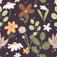 Fototapeta na wymiar Simple seamless pattern of hand drawn cute flowers, herbs and leaves. Summer natural background