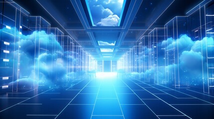 Fototapeta na wymiar cloud computing concept art abstract, cloud server. data center organize, technology blue light room Generative AI