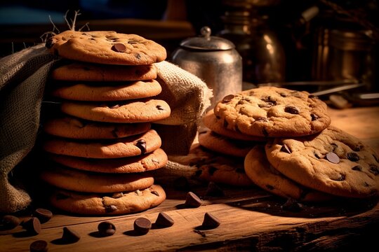 chocolate chip cookies in a rustic kitchen setting created with Ai technology