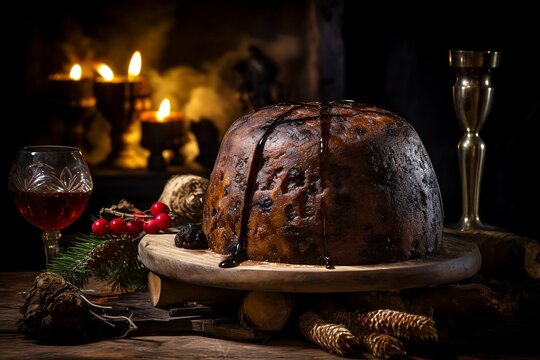 Christmas pudding in a seasonal background created with Ai technology