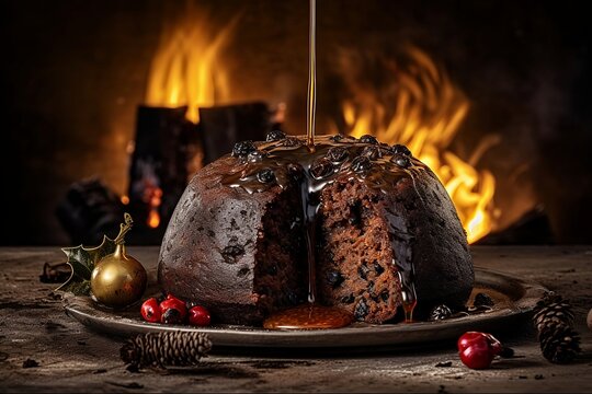 Christmas pudding in a seasonal background created with Ai technology