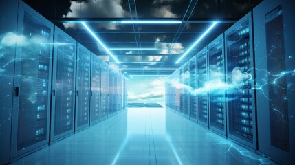 Fototapeta premium cloud computing concept art abstract, cloud server. data center organize, technology blue light room Generative AI