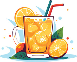 Refreshing Citrus Juice in Glass on White Background, Refreshing Orange Juice in Glass vector illustration