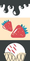 Sundae in a waffle cone with filling. Fresh strawberries. Drops of jam. Flowing fluid. Design elements for label, sticker, postcard, banner. Modular set of image blocks in flat geometric style.
