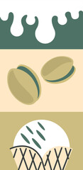 Sundae in a waffle cone with filling. Pistachios in shell. Flowing fluid. Drops of milk. Design elements for label, sticker, postcard, banner. Modular set of image blocks in flat geometric style.