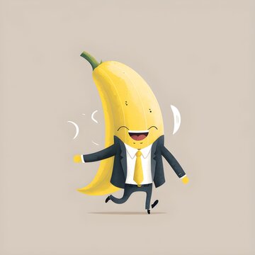 Simple Childrens Picture Book Illustration Banana In A Suit Banana Instead Of Head Smiling Laughing And Telling A Joke Arms Up Empty White Background 