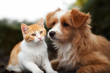 Fototapeta na wymiar a cute dog and cat sitting together