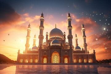 Ramadan kareem eid mubarak mosque in evening with sun light background generative AI