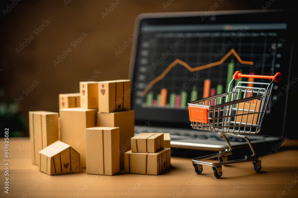 Poster miniature sized city with laptop in middle, building with various types of objects on top of it, con