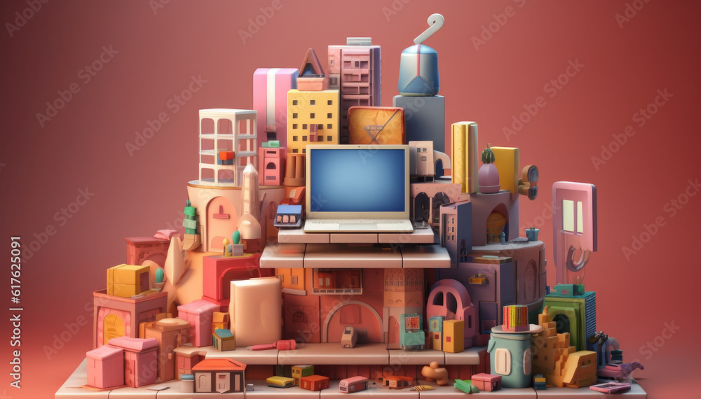 Aufkleber miniature sized city with laptop in middle, building with various types of objects on top of it, con